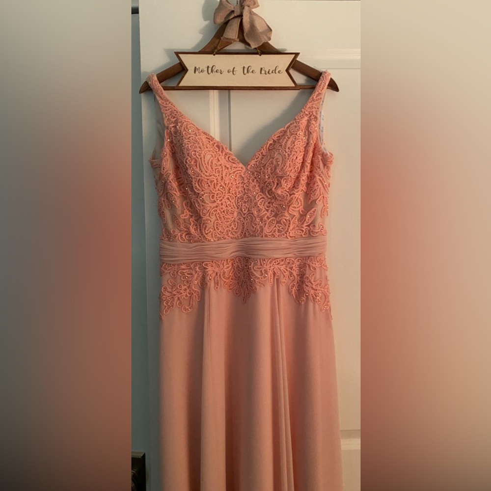 Gown Size 14, Camille La Vie, soft blush color. 5 ft 2” woman wore this once.
